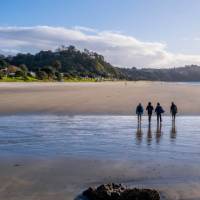 A group of walkers crossing the tidal estuary on the Te Ara Hura | Terra and Tide