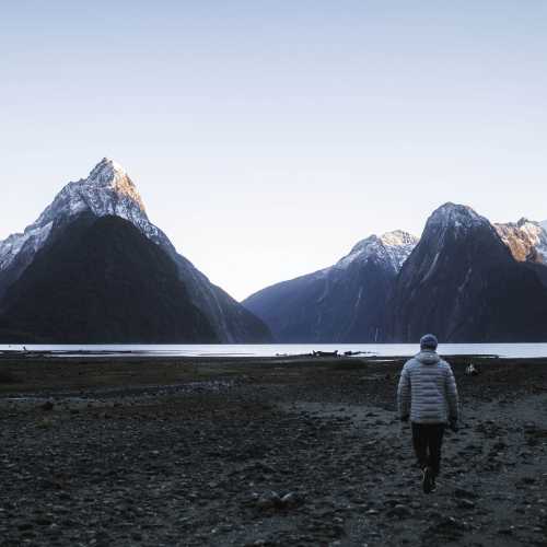Snowy mountainscape in Milford Sound