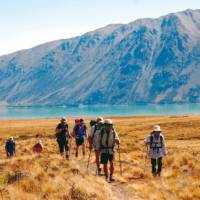 Trekking on the rolling tussock landscape of Mt Gerald station, with Lake Tekapo in the background | Chris Buykx
